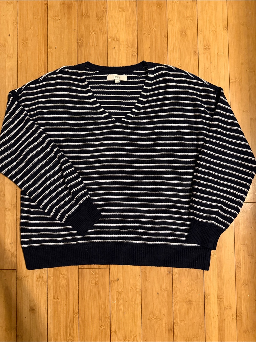 LOFT XL Navy and White Striped V-Neck Sweater—100% cotton